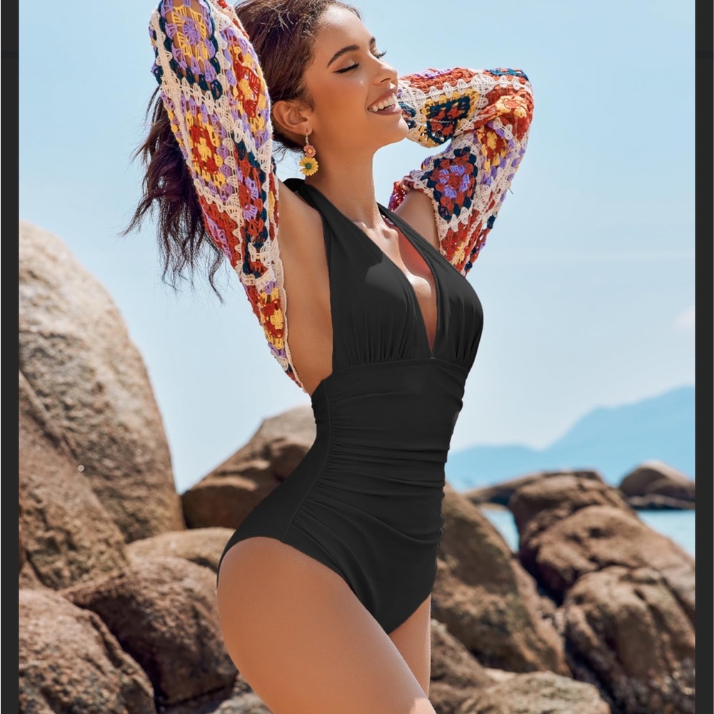 AI'MAGE Womens Halter One Piece Swimsuits Deep V Neck Tummy Control Black XL NWT - Picture 6 of 16